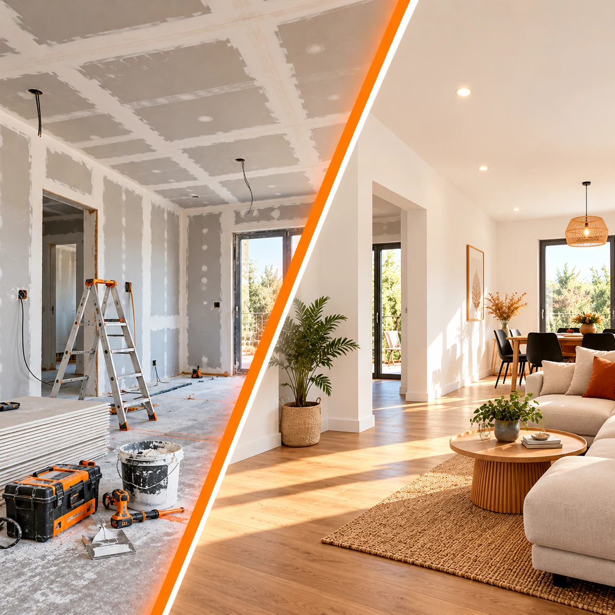 Avant et après une rénovation intérieure : pièce en travaux puis salon aménagé